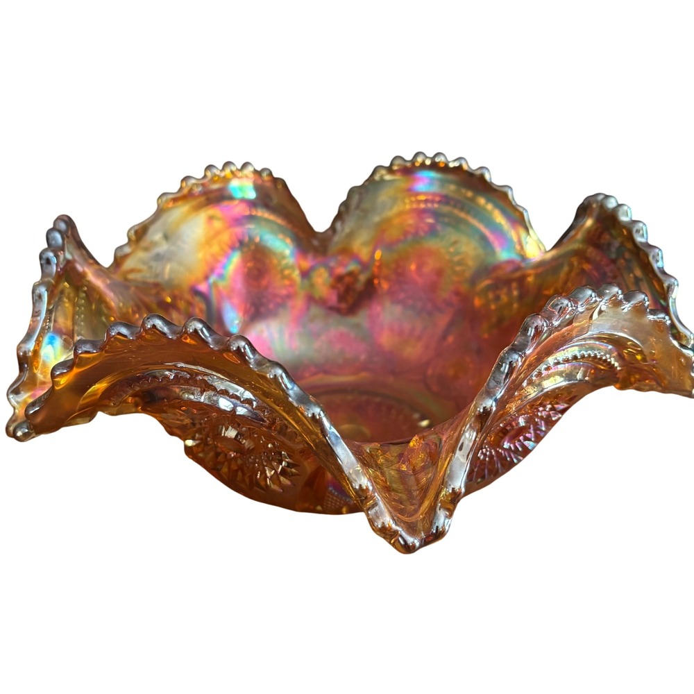 Imperial Glass Carnival Glass Bowl Marigold Iridescent Ruffled Edge Vintage